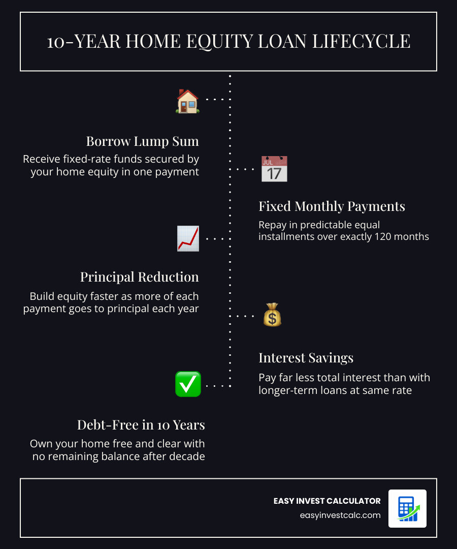 Infographic showing 10-year home equity loan lifecycle: borrow lump sum, fixed monthly payments, full payoff at year 10