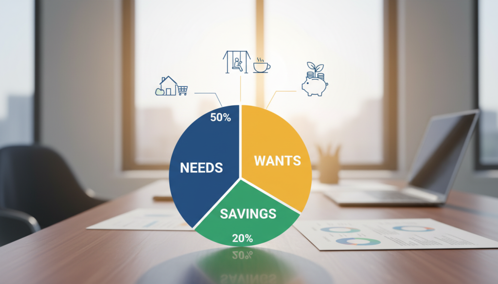 A detailed and colorful budget allocation chart illustrating the 50/30/20 rule for financial planning. In the foreground, include distinct sections labeled 'Needs', 'Wants', and 'Savings', each represented by vibrant pie chart slices. The middle ground should have elegant, minimalist icons symbolizing each category: a house or groceries for 'Needs', leisure activities for 'Wants', and a growing plant or piggy bank for 'Savings'. The background should feature a soft, blurred financial environment, evoking a sense of professionalism, like an office or workspace. Use bright, natural lighting to convey clarity and optimism. The overall mood should be focused and inspiring, emphasizing financial empowerment and smart budgeting decisions.