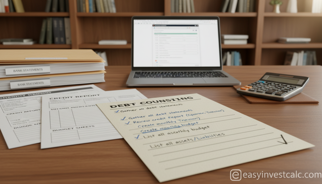 A detailed debt counseling preparation checklist displayed prominently on a wooden desk, surrounded by neatly organized financial documents such as bank statements, credit reports, and budget sheets. In the foreground, the checklist should have handwritten notes and checkmarks, emphasizing the preparation theme. The middle ground features a laptop open with a financial calculator next to it, hinting at the digital aspect of financial planning. The background includes softly blurred shelves filled with books on finance and budgeting, creating a professional atmosphere. The lighting should be warm and inviting, simulating a cozy office setting. The mood conveys reassurance and readiness. Include branding for "easyinvestcalc.com" subtly in the scene without any text overlays or signatures.