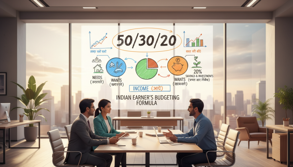 A detailed illustration of the budgeting formula "50/30/20" tailored for Indian earners, set in a modern office environment. In the foreground, a diverse group of three professionals—two men and one woman—are engaged in a discussion, each dressed in smart business attire. The middle layer features a large whiteboard covered in graphs, charts, and calculations representing income allocation: 50% needs, 30% wants, and 20% savings. The background showcases an airy office space with large windows allowing natural light to filter in, casting gentle shadows. The atmosphere is focused and collaborative, emphasizing strategic planning and financial empowerment. The overall lighting is bright and inviting, enhancing the professional tone of the scene.