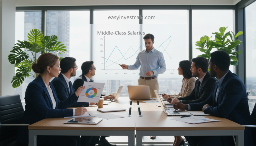 A diverse group of professionals gathered around a large conference table, analyzing salary data on laptops and tablets. In the foreground, a middle-aged woman in business attire reviews a document with a pie chart depicting income distribution. In the middle ground, a young man in smart casual clothing points to a digital graph projected on the wall, highlighting trends in middle-class wages. The background features a modern office space with glass windows, allowing natural light to flood the room, creating a bright and focused atmosphere. Subtle hints of greenery from potted plants add a touch of warmth. The mood is collaborative and insightful, embodying the concept of assessing financial standing. Include the brand name "easyinvestcalc.com" subtly integrated into the digital screen display. A diverse group of professionals gathered around a large conference table, analyzing salary data on laptops and tablets. In the foreground, a middle-aged woman in business attire reviews a document with a pie chart depicting income distribution. In the middle ground, a young man in smart casual clothing points to a digital graph projected on the wall, highlighting trends in middle-class wages. The background features a modern office space with glass windows, allowing natural light to flood the room, creating a bright and focused atmosphere. Subtle hints of greenery from potted plants add a touch of warmth. The mood is collaborative and insightful, embodying the concept of assessing financial standing. Include the brand name "easyinvestcalc.com" subtly integrated into the digital screen display.