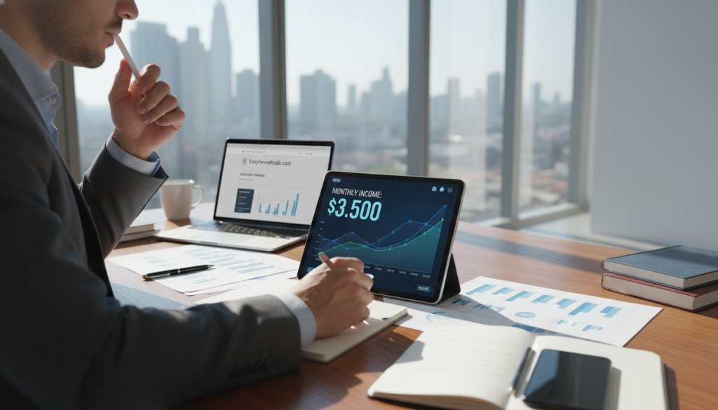 A modern SWP (Systematic Withdrawal Plan) calculator demonstration scene, showcasing a sleek calculator interface displaying numerical data and graphs related to monthly income calculations. In the foreground, a professional-looking individual in business attire is engaging with the calculator, focused and analytical expression, surrounded by financial documents and charts. The middle ground features a desk cluttered with financial tools and a laptop displaying an Easyinvestcalc.com webpage with relevant investment information. In the background, a clean, bright office environment with large windows allowing natural light to illuminate the space, casting soft shadows. The atmosphere is one of professionalism and clarity, inviting the viewer into a practical financial planning scenario for 2026. A modern SWP (Systematic Withdrawal Plan) calculator demonstration scene, showcasing a sleek calculator interface displaying numerical data and graphs related to monthly income calculations. In the foreground, a professional-looking individual in business attire is engaging with the calculator, focused and analytical expression, surrounded by financial documents and charts. The middle ground features a desk cluttered with financial tools and a laptop displaying an Easyinvestcalc.com webpage with relevant investment information. In the background, a clean, bright office environment with large windows allowing natural light to illuminate the space, casting soft shadows. The atmosphere is one of professionalism and clarity, inviting the viewer into a practical financial planning scenario for 2026.