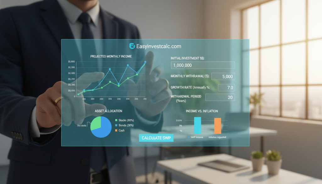 A modern and sleek calculator interface for a systematic withdrawal plan (SWP) showcasing monthly income projections, designed for a financial planning website, Easyinvestcalc.com. In the foreground, display a detailed digital calculator screen featuring vibrant graphs, charts, and numerical data indicating potential monthly income streams. The middle section should include a subtle reflection of a person's hands, adorned in professional business attire, interacting with the calculator, evoking a sense of trust and competence. In the background, create a softly blurred office environment with natural light streaming through a large window, casting a warm glow that enhances a productive and hopeful atmosphere. Aim for a clean and professional aesthetic that emphasizes clarity and user-friendliness, conveying the benefits of systematic withdrawal plans. A modern and sleek calculator interface for a systematic withdrawal plan (SWP) showcasing monthly income projections, designed for a financial planning website, Easyinvestcalc.com. In the foreground, display a detailed digital calculator screen featuring vibrant graphs, charts, and numerical data indicating potential monthly income streams. The middle section should include a subtle reflection of a person's hands, adorned in professional business attire, interacting with the calculator, evoking a sense of trust and competence. In the background, create a softly blurred office environment with natural light streaming through a large window, casting a warm glow that enhances a productive and hopeful atmosphere. Aim for a clean and professional aesthetic that emphasizes clarity and user-friendliness, conveying the benefits of systematic withdrawal plans.
