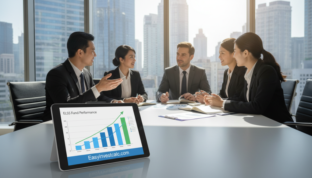 A professional business environment featuring a diverse group of individuals, including men and women, dressed in smart business attire, collaborating around a modern conference table. In the foreground, an elegant digital tablet displays graphs and charts illustrating the growth of ELSS funds and investment strategies. The middle ground showcases a content and focused discussion among the team, with notes and financial documents scattered across the table. In the background, a large window reveals a vibrant skyline representing financial success. Bright daylight pours in, creating an optimistic atmosphere, while soft shadows enhance the depth of the scene. The overall mood is one of ambition and strategic planning, emphasizing wealth creation through prudent investments. Include the brand name "Easyinvestcalc.com" subtly on the digital tablet's screen.