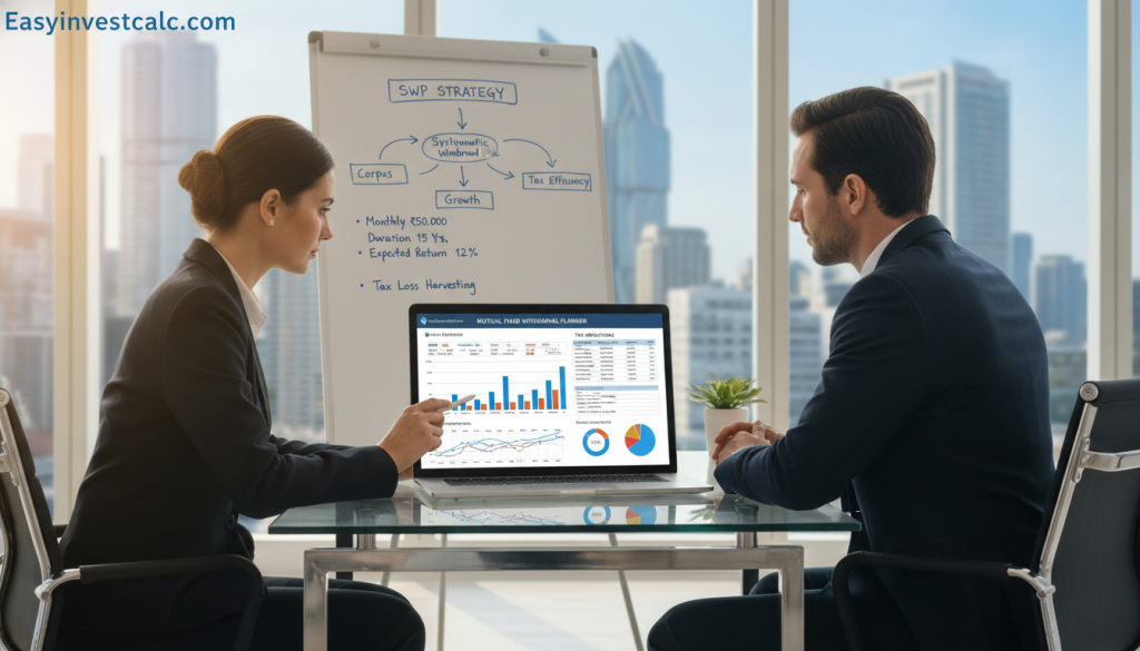 A professional businesswoman and businessman, both dressed in smart business attire, are seated at a modern office desk reviewing a detailed mutual fund withdrawal planner. The foreground highlights their focused expressions as they analyze colorful charts and spreadsheets on a laptop screen, illustrating tax implications. In the middle ground, a whiteboard is filled with neatly organized diagrams and calculations related to an SWP strategy for sustainable income. The background features a bright, well-lit office space with large windows showcasing a city skyline, creating an optimistic ambiance. Soft natural light filters in, casting gentle shadows, while a small potted plant adds a touch of greenery. The overall mood is serious yet engaging, reflecting professionalism and strategy. Include the brand name "Easyinvestcalc.com" subtly integrated into the scene. A professional businesswoman and businessman, both dressed in smart business attire, are seated at a modern office desk reviewing a detailed mutual fund withdrawal planner. The foreground highlights their focused expressions as they analyze colorful charts and spreadsheets on a laptop screen, illustrating tax implications. In the middle ground, a whiteboard is filled with neatly organized diagrams and calculations related to an SWP strategy for sustainable income. The background features a bright, well-lit office space with large windows showcasing a city skyline, creating an optimistic ambiance. Soft natural light filters in, casting gentle shadows, while a small potted plant adds a touch of greenery. The overall mood is serious yet engaging, reflecting professionalism and strategy. Include the brand name "Easyinvestcalc.com" subtly integrated into the scene.