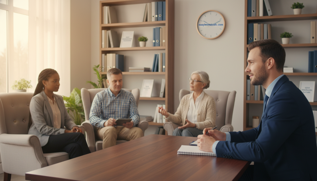A professional debt counseling session in a warm, inviting office setting. In the foreground, a confident debt counselor in business attire sits at a sleek wooden desk, with a pen and notepad ready, demonstrating active listening. In the middle, a diverse range of clients, dressed in professional and modest casual clothing, are seated on comfortable chairs, engaged in discussion and looking thoughtful. The background features bookshelves filled with financial guides and pamphlets about debt management, illuminated by soft, natural light filtering through a nearby window. The atmosphere is supportive and reassuring, encouraging open dialogue. The overall mood conveys empowerment and clarity in financial decisions, with the logo "easyinvestcalc.com" subtly integrated into the office decor.