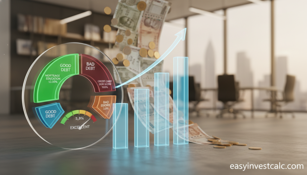 A professional finance theme illustrating the concept of credit score and financial health. In the foreground, display a transparent, layered pie chart representing debt types, with vibrant segments for good debt and bad debt. In the middle, include the upward trending bar graph showing positive financial growth, alongside visual elements of Indian currency notes and coins emerging as a flowing backdrop. The background features faint outlines of a modern office setting, suggesting a productive environment. Utilize soft, warm lighting to create an optimistic mood and emphasize growth. A shallow depth of field focuses on the foreground elements, with the brand name "easyinvestcalc.com" subtly integrated into the design without detracting from the central theme.