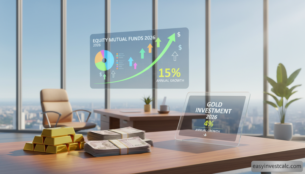 A professional finance-themed illustration depicting a comparison between equity funds and gold investment strategies for 2026. In the foreground, a detailed representation of gold bars alongside a stack of currency notes, prominently featuring Indian rupees. In the middle ground, a vibrant growth chart illustrating the upward trends of equity mutual funds, with elements symbolizing mutual fund concepts like pie charts and stock indicators. In the background, a serene office environment with large windows bathed in soft natural light, creating a calm and optimistic atmosphere. The angle is slightly elevated to give a comprehensive view of the investment choices. The brand name "easyinvestcalc.com" is subtly included in the scene, enhancing the professional feel without dominating the composition.