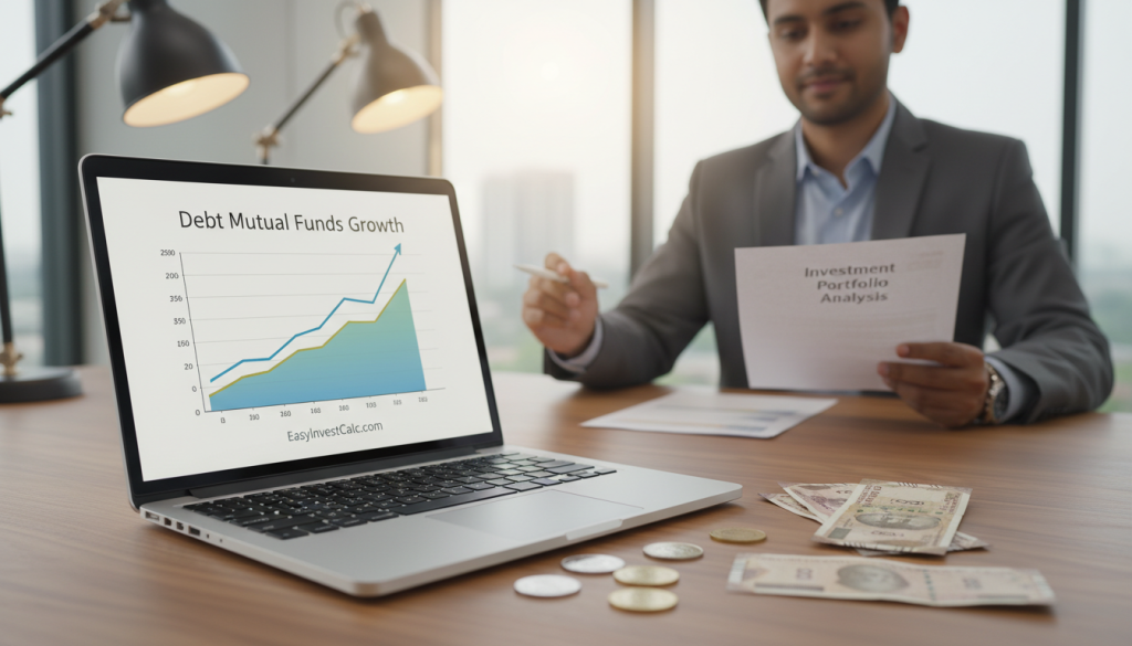A professional finance-themed image illustrating the concept of "debt mutual funds security investment portfolio." In the foreground, a sleek, modern laptop displays a colorful graph showing growth in debt funds, surrounded by Indian currency notes and coins carefully arranged. In the middle background, a person in formal business attire is analyzing investment documents, their expression focused yet relaxed. The backdrop features a blurred office setting with soft lighting, emphasizing a professional atmosphere. The words "EasyInvestCalc.com" are subtly integrated into the design of the laptop screen. Use soft, natural lighting to convey a sense of trust and reliability, with a slight depth of field to focus on the laptop and paperwork while gently blurring the background elements.