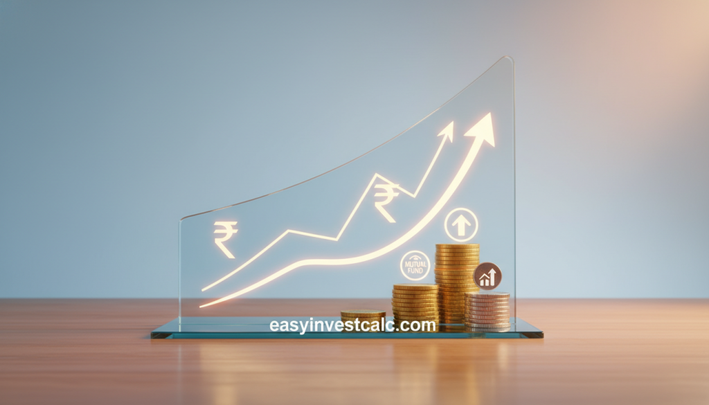 A professional finance-themed visualization depicting the growth of a retirement corpus through a Systematic Investment Plan (SIP). In the foreground, showcase a sleek, modern graph with upward-trending lines indicating growth, overlaid with Indian currency symbols such as the rupee. In the middle, include stacks of coins and mutual fund icons, highlighting investment concepts. The background features a subtle blend of soft blue and white tones, creating a calming atmosphere. Capture the essence of aspiration and financial planning with warm, inviting lighting from a top angle, as if overlooking a desk where these calculations are made. The brand name "easyinvestcalc.com" is discreetly integrated into the design, without any captions or text overlays.