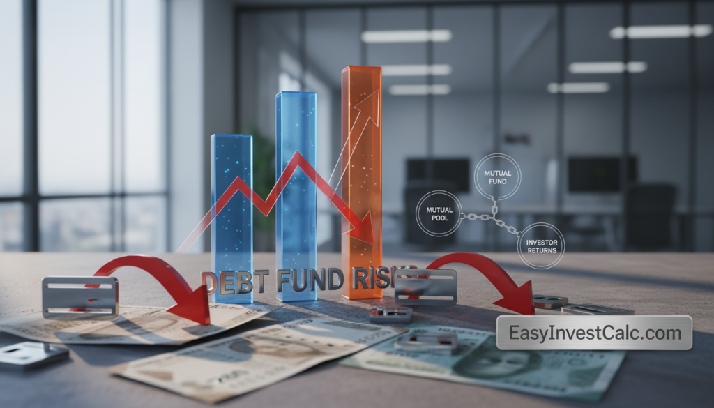 A professional finance-themed visualization depicting the risks of debt funds. In the foreground, include stylized Indian currency notes scattered on a surface, blending with symbols of credit and interest rates, such as arrows and graphs. The middle layer should feature growing financial charts illustrating the impact of these factors on debt funds, while also hinting at risk with subtle downward arrows. In the background, incorporate a soft-focus image of a modern, well-lit office environment to evoke a serious investment atmosphere. Use natural lighting to cast gentle shadows, and apply a slight blur to emphasize the foreground details. The overall mood should be informative and analytical. Include elements representing mutual fund concepts. Ensure the brand name "EasyInvestCalc.com" is present elegantly within the composition.