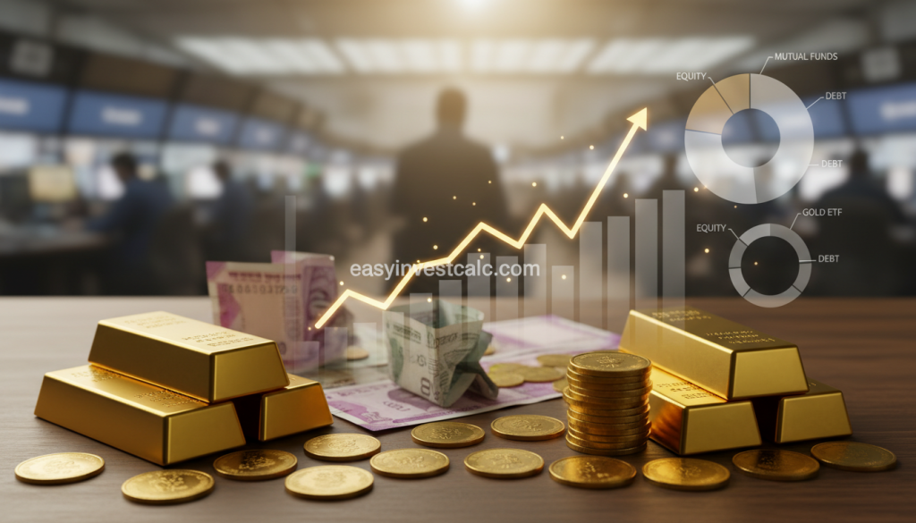 A professional financial theme image illustrating a comparison of gold investment portfolio options. In the foreground, display elegant gold bars and coins stacked harmoniously, symbolizing wealth and stability. In the middle ground, show Indian currency notes and coins interspersed with dynamic graphs depicting a rising trend and pie charts representing mutual fund allocations. The background should feature a blurred silhouette of a stock market trading floor, conveying a sense of activity and investment acumen. Use soft, warm lighting to create an inviting atmosphere, with slight reflections on the gold elements emphasizing their value. The overall mood should be one of optimism and informed decision-making. Include subtle references to "easyinvestcalc.com" as an element within the financial context, ensuring it blends seamlessly into the design without being overt.