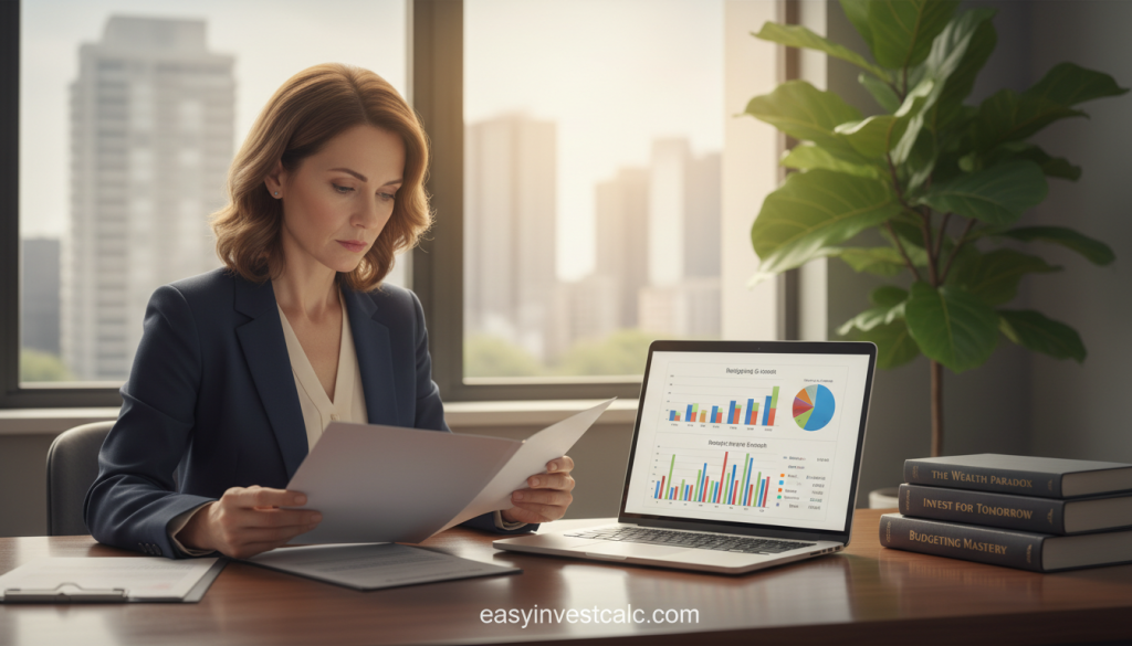A serene and organized office space illustrating financial stability, featuring a polished wooden desk with an open laptop displaying graphs and charts related to budgeting. In the foreground, a middle-aged woman in professional attire examines a financial report, showcasing a focused expression. In the middle ground, a plant symbolizing growth is positioned next to a stack of financial books. The background includes a window with gentle sunlight streaming in, casting a warm glow across the room, creating an inviting and optimistic atmosphere. The ambiance should feel secure and hopeful, reflecting the theme of long-term financial success. The brand name “easyinvestcalc.com” should subtly be featured on the laptop screen. A serene and organized office space illustrating financial stability, featuring a polished wooden desk with an open laptop displaying graphs and charts related to budgeting. In the foreground, a middle-aged woman in professional attire examines a financial report, showcasing a focused expression. In the middle ground, a plant symbolizing growth is positioned next to a stack of financial books. The background includes a window with gentle sunlight streaming in, casting a warm glow across the room, creating an inviting and optimistic atmosphere. The ambiance should feel secure and hopeful, reflecting the theme of long-term financial success. The brand name “easyinvestcalc.com” should subtly be featured on the laptop screen.