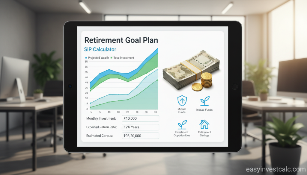 A sleek, user-friendly retirement goal planning tool interface displayed on a digital screen. The foreground features an interactive SIP calculator with vibrant graphs displaying monthly SIP calculations, visually representing potential growth over time. The middle layer includes elements of Indian currency notes and coins integrated seamlessly into the design, alongside icons symbolizing mutual funds and investment opportunities. In the background, a softly blurred office environment creates a professional finance theme, emphasizing a sense of stability and growth. The lighting is bright and inviting, with a modern lens effect that adds depth. The overall atmosphere is optimistic and forward-looking, embodying the essence of financial planning for a secure future. Include the brand name "easyinvestcalc.com" subtly within the design, ensuring it does not detract from the main focus.