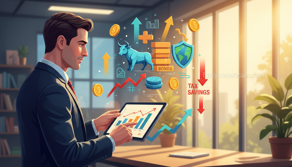 A vibrant illustration representing diversified equity mutual funds tax benefits. In the foreground, a confident professional in business attire studies a financial chart showing growth and tax savings, surrounded by money symbols and investment graphs. The middle ground features diverse assets like stocks and bonds, represented abstractly, with arrows indicating upward trajectories and tax reduction. In the background, a bright office setting with large windows allows warm golden sunlight to filter in, creating an optimistic and inspiring atmosphere. Subtle greenery is visible outside, symbolizing growth. The overall mood is professional, encouraging, and dynamic, reflecting financial empowerment. The branding "Easyinvestcalc.com" is subtly integrated into the financial chart.