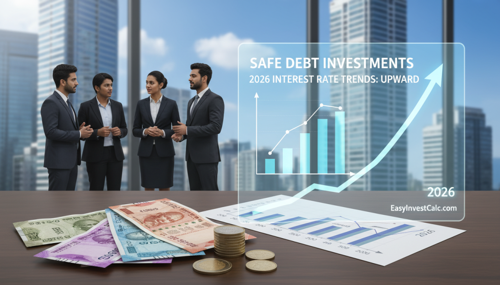 A visually informative and professional finance-themed illustration depicting "safe debt investments" and 2026 interest rate trends. In the foreground, include elements of Indian currency, such as Rupee notes and coins, alongside a growing financial chart with upward trends. In the middle ground, show a diverse group of business professionals in smart attire, discussing investment strategies near a digital screen displaying relevant data. The background features a modern urban landscape with clear skies, symbolizing optimism and growth. Use soft, natural lighting to create an atmosphere of trust and reassurance. Capture this scene from a slightly elevated angle to provide a comprehensive view of the interaction and the economic landscape. The brand name "EasyInvestCalc.com" should be subtly integrated into the digital screen display to enhance branding without overpowering the visual narrative.