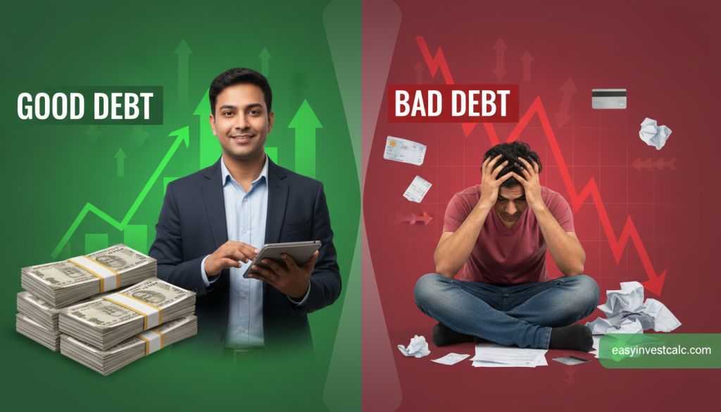 A visually striking comparison of "Good Debt vs Bad Debt," featuring two sides of a split image. On the left side, depict "Good Debt" with elements like a growing financial chart, a stack of Indian Rupee notes, and a person in professional attire calculating finances, radiating positivity and financial empowerment. In contrast, the right side should illustrate "Bad Debt" with imagery of falling charts, credit card bills, and a distressed individual, symbolizing financial strain, wearing modest casual clothing. The background should transition smoothly from vibrant greens representing growth to muted reds symbolizing debt. Employ soft, natural lighting to create an informative atmosphere. The brand logo "easyinvestcalc.com" should be subtly incorporated within the scene.