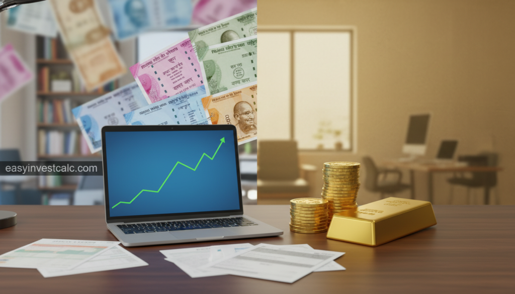 An informative image comparing equity mutual funds to gold investments, set in a professional finance theme. In the foreground, depict a sleek desk with financial documents and a laptop displaying a growing chart with upward trends, symbolizing equity mutual funds. On the right, include a gold bar and gold coins, representing gold investments. The middle ground features a split view: on one side, vibrant images of stocks and funds with Indian currency notes scattered, and on the other, a serene gold background. The background should include subtle hints of a financial office environment, with soft lighting creating a serious yet hopeful atmosphere. Use a wide-angle lens effect to capture the details, and ensure there are no text or logos visible aside from 'easyinvestcalc.com' subtly integrated into the scene.