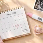 Flat lay of a calendar, a pacifier, and a pregnancy test