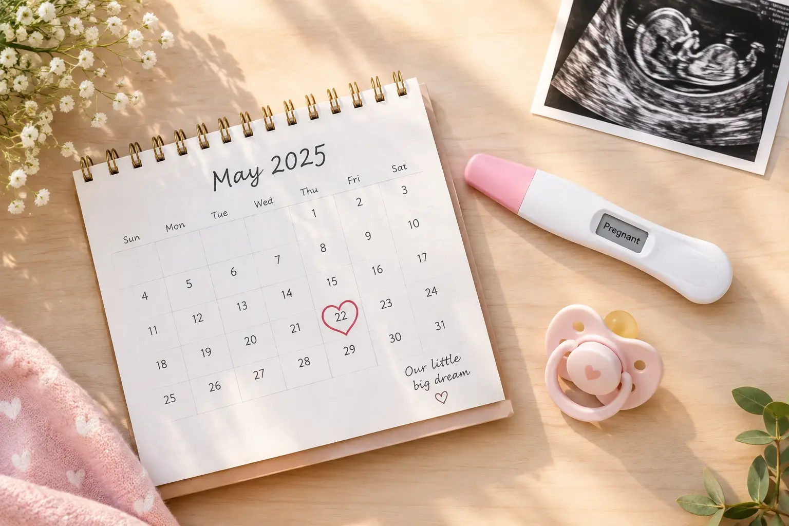 Flat lay of a calendar, a pacifier, and a pregnancy test