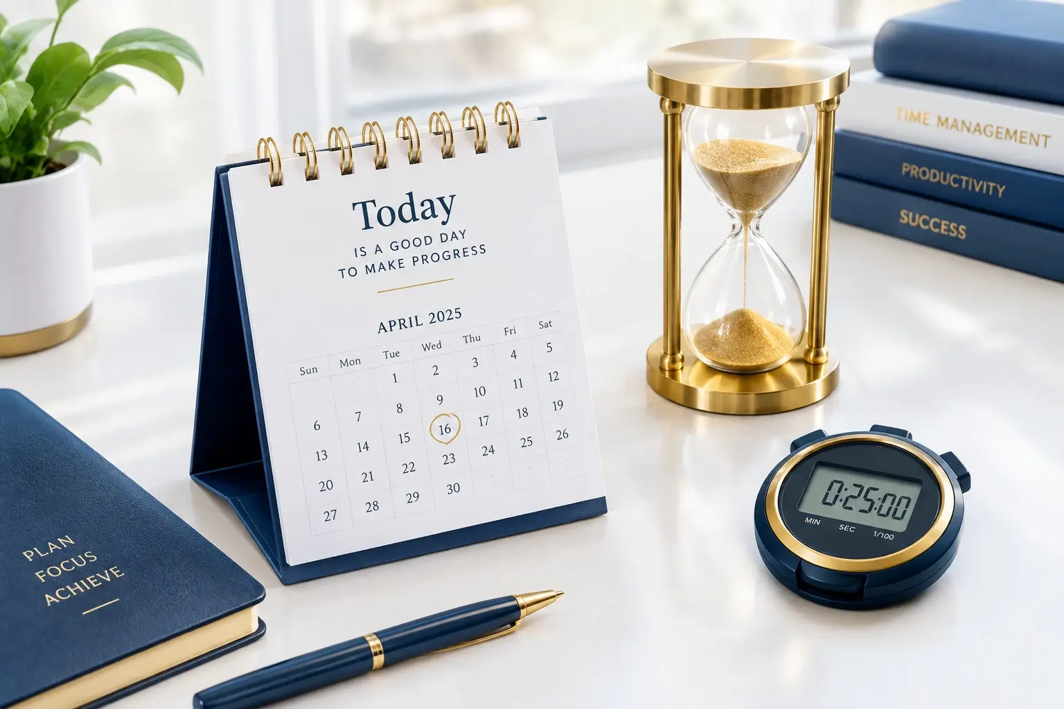 A desk calendar with an hourglass and clock representing date difference calculation" title="Date Difference Calculator Time Management